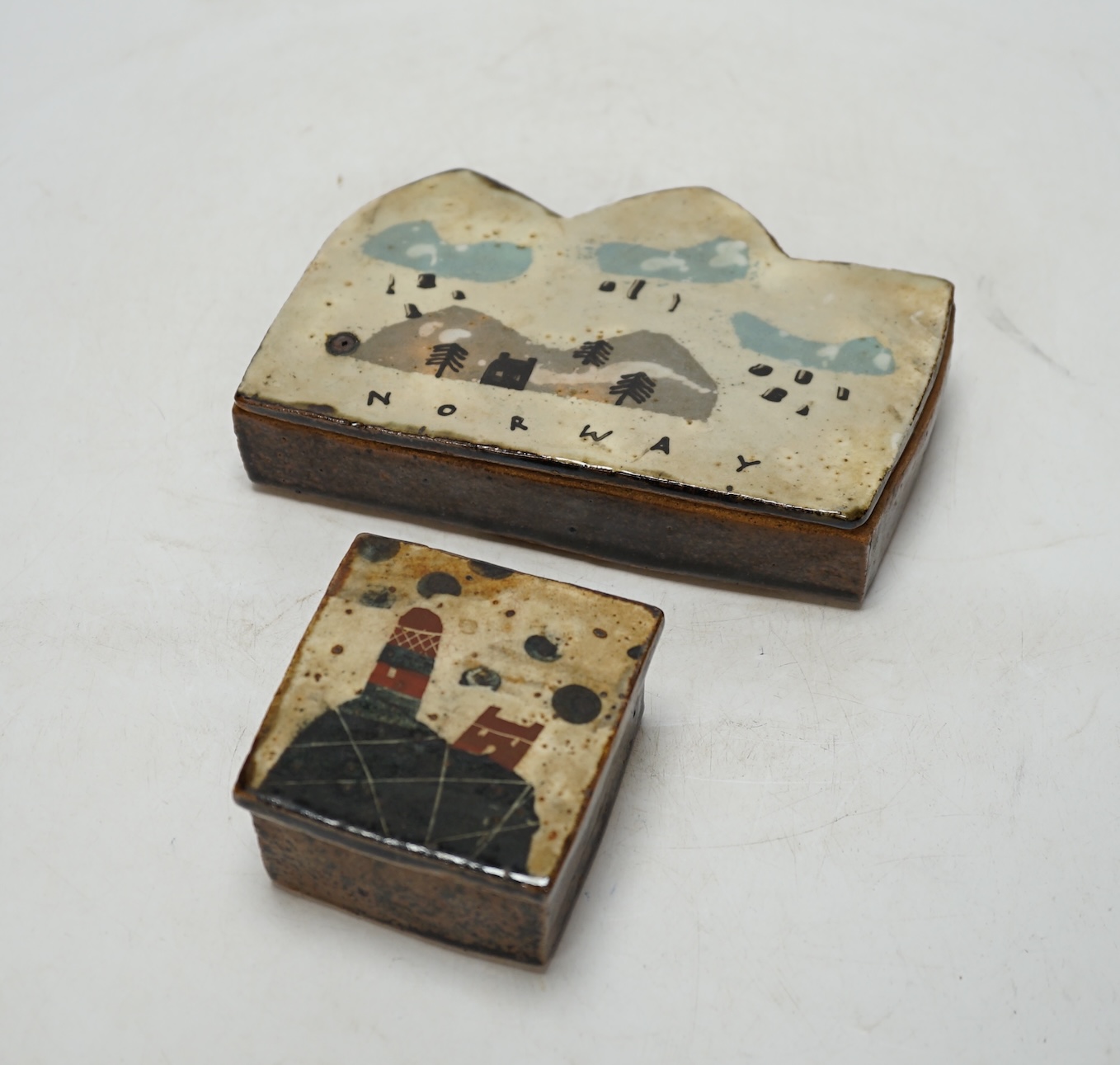 John Maltby (1936-2020), two studio pottery boxes, largest 17cm long. Condition - fair